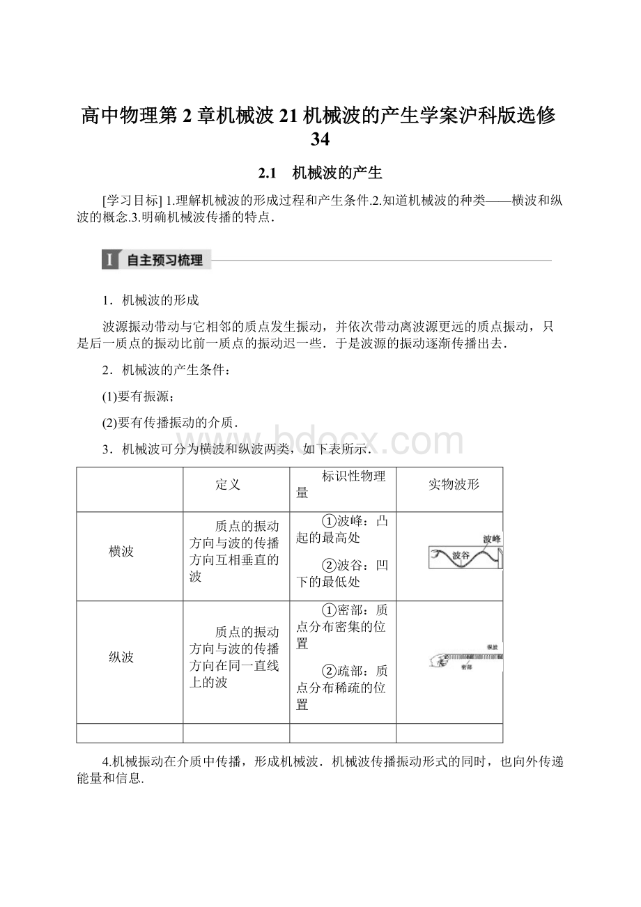 高中物理第2章机械波21机械波的产生学案沪科版选修34.docx