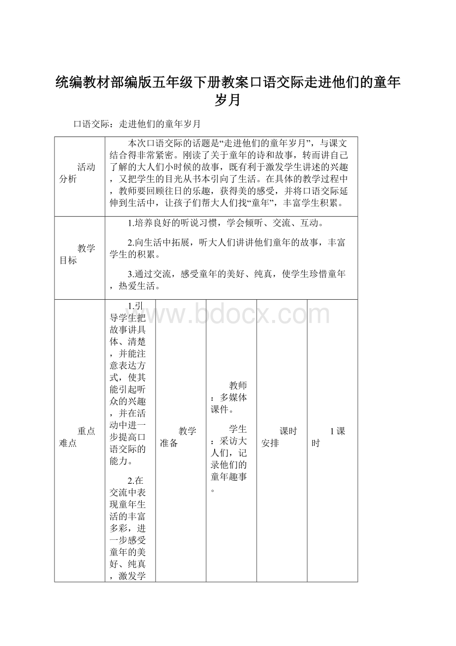 统编教材部编版五年级下册教案口语交际走进他们的童年岁月Word文档下载推荐.docx_第1页