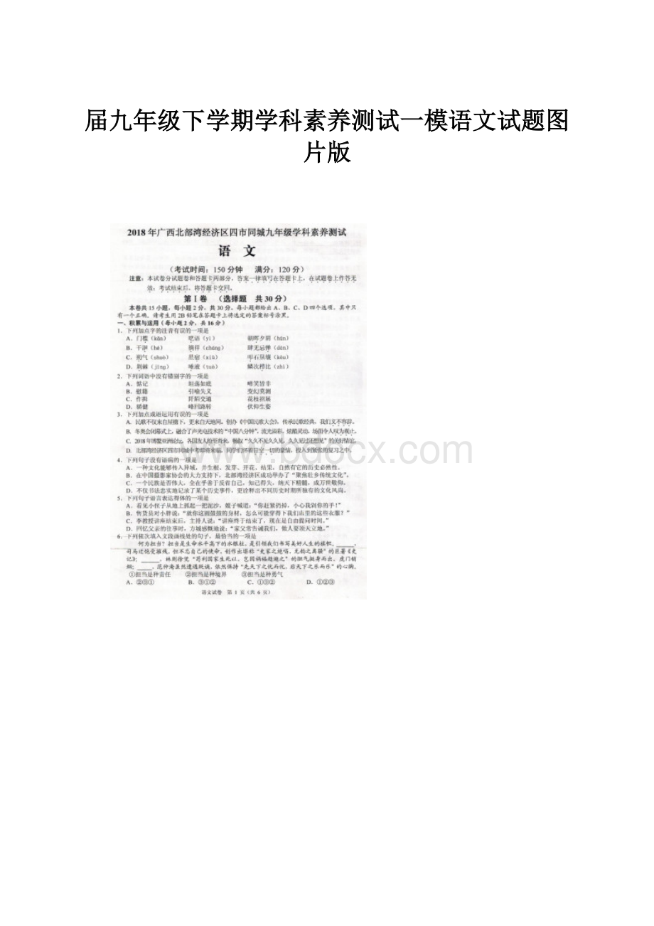 届九年级下学期学科素养测试一模语文试题图片版文档格式.docx