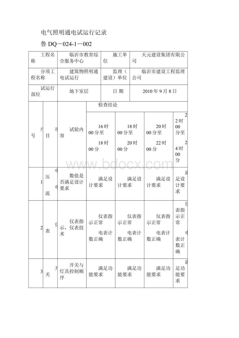 鲁DQ0241电气照明通电试运行记录.docx_第3页