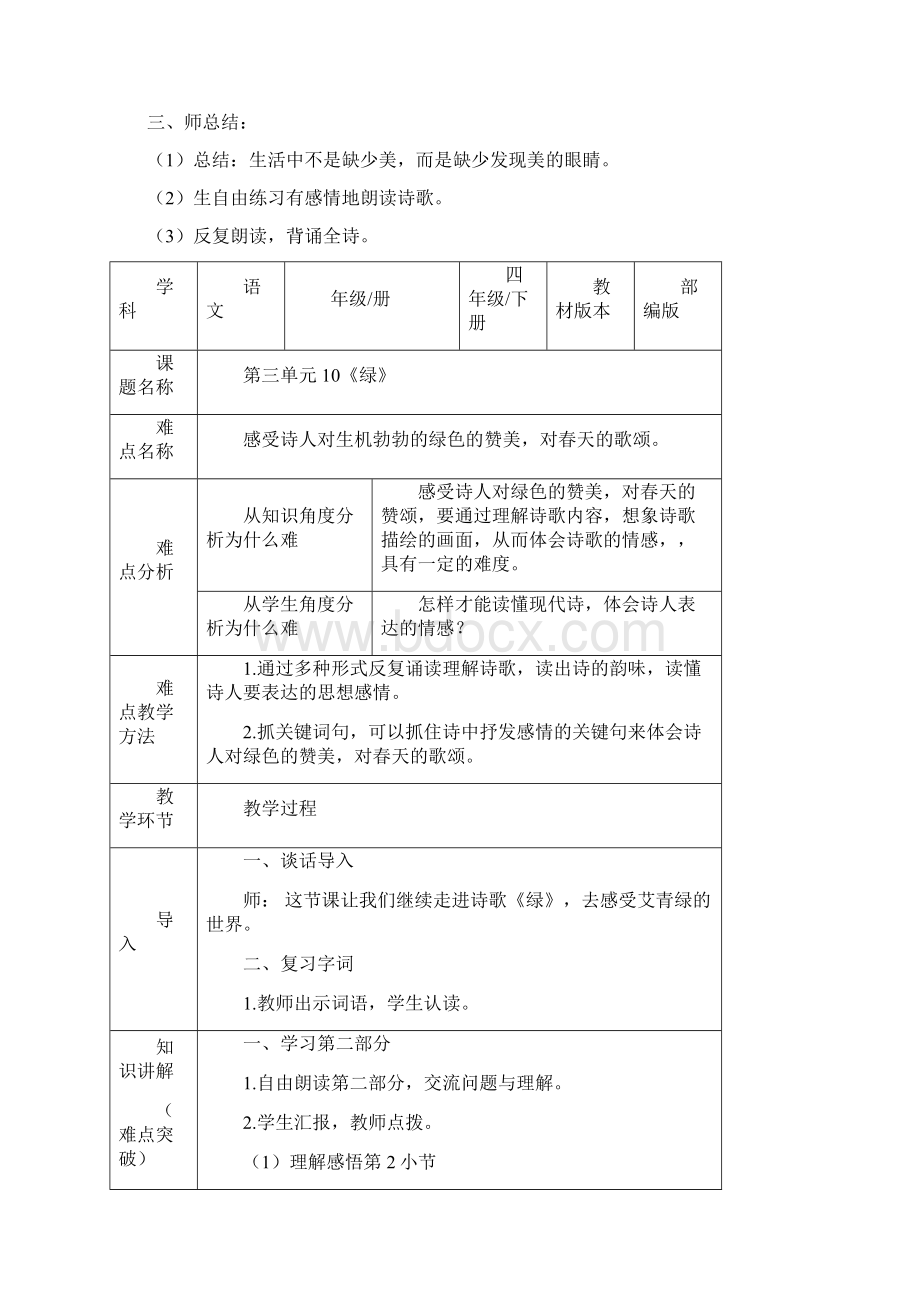 部编版四年级语文下册四下语文《10绿》优秀教学设计精选合集微课教案合集Word格式.docx_第3页