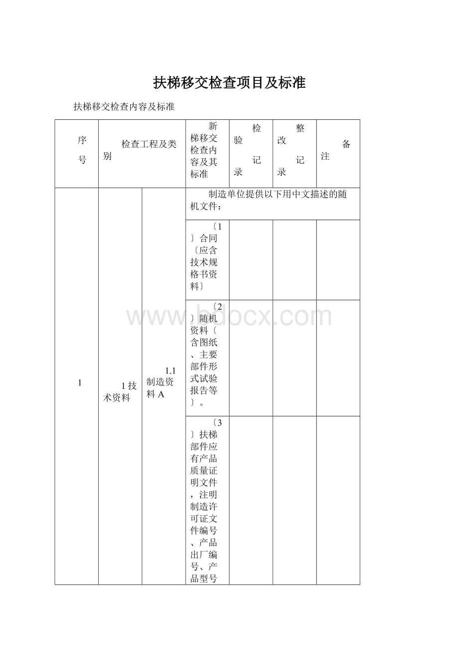 扶梯移交检查项目及标准Word文档下载推荐.docx_第1页