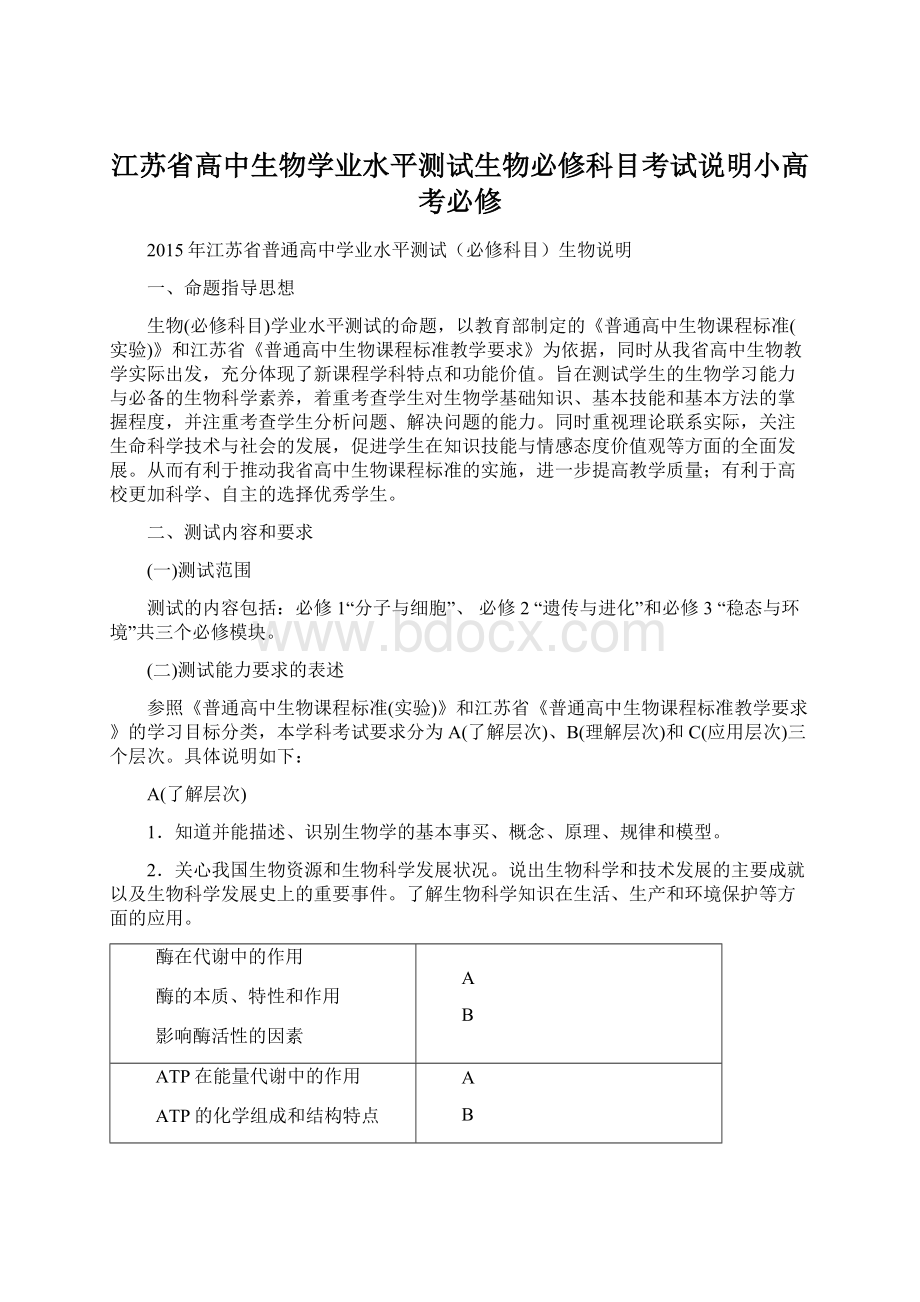 江苏省高中生物学业水平测试生物必修科目考试说明小高考必修.docx_第1页