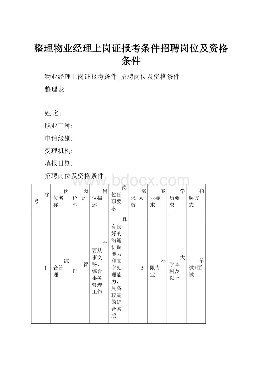 整理物业经理上岗证报考条件招聘岗位及资格条件Word格式文档下载.docx