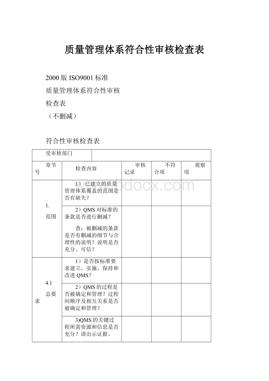 质量管理体系符合性审核检查表.docx_第1页