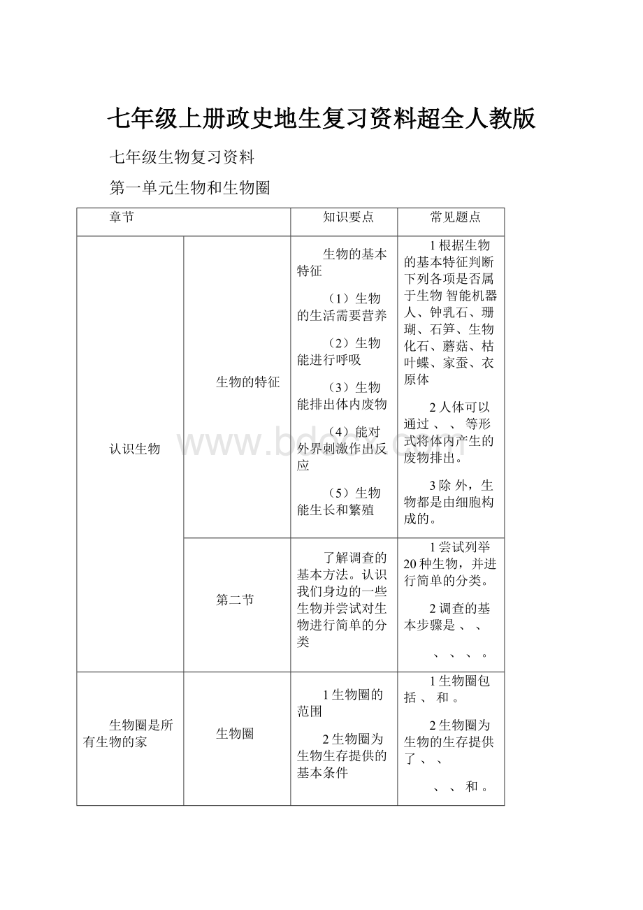 七年级上册政史地生复习资料超全人教版.docx_第1页