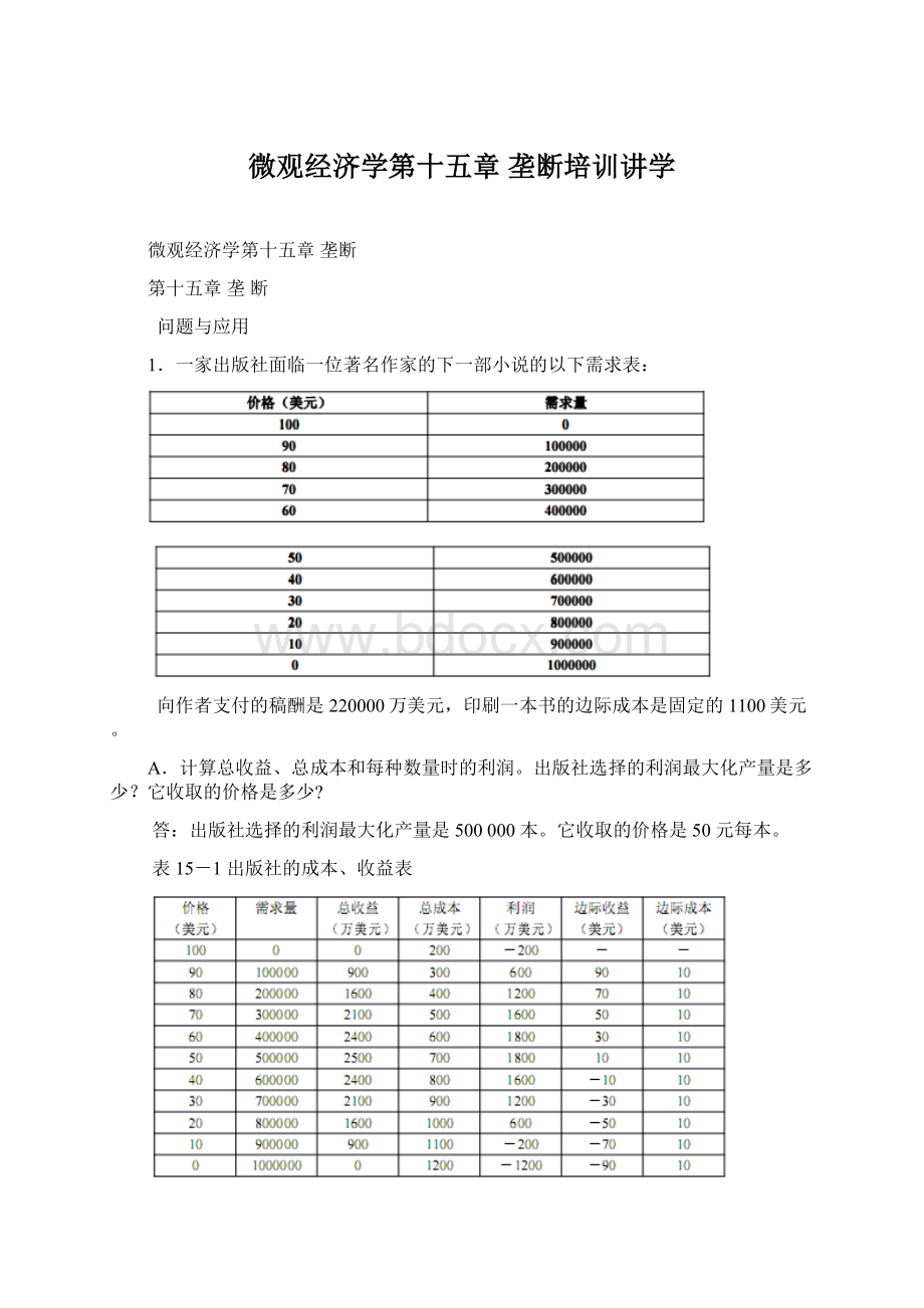 微观经济学第十五章 垄断培训讲学.docx