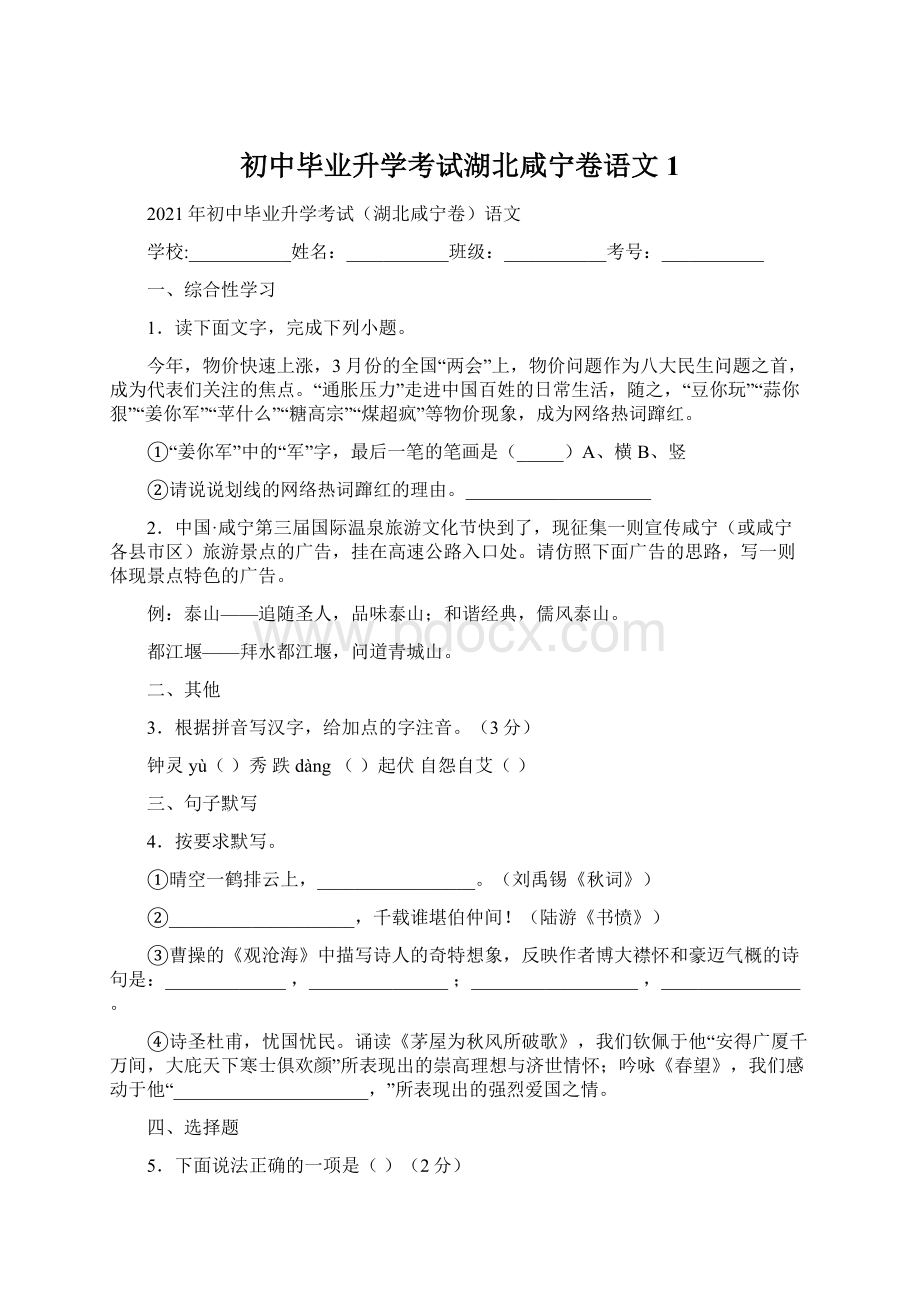 初中毕业升学考试湖北咸宁卷语文1Word文件下载.docx