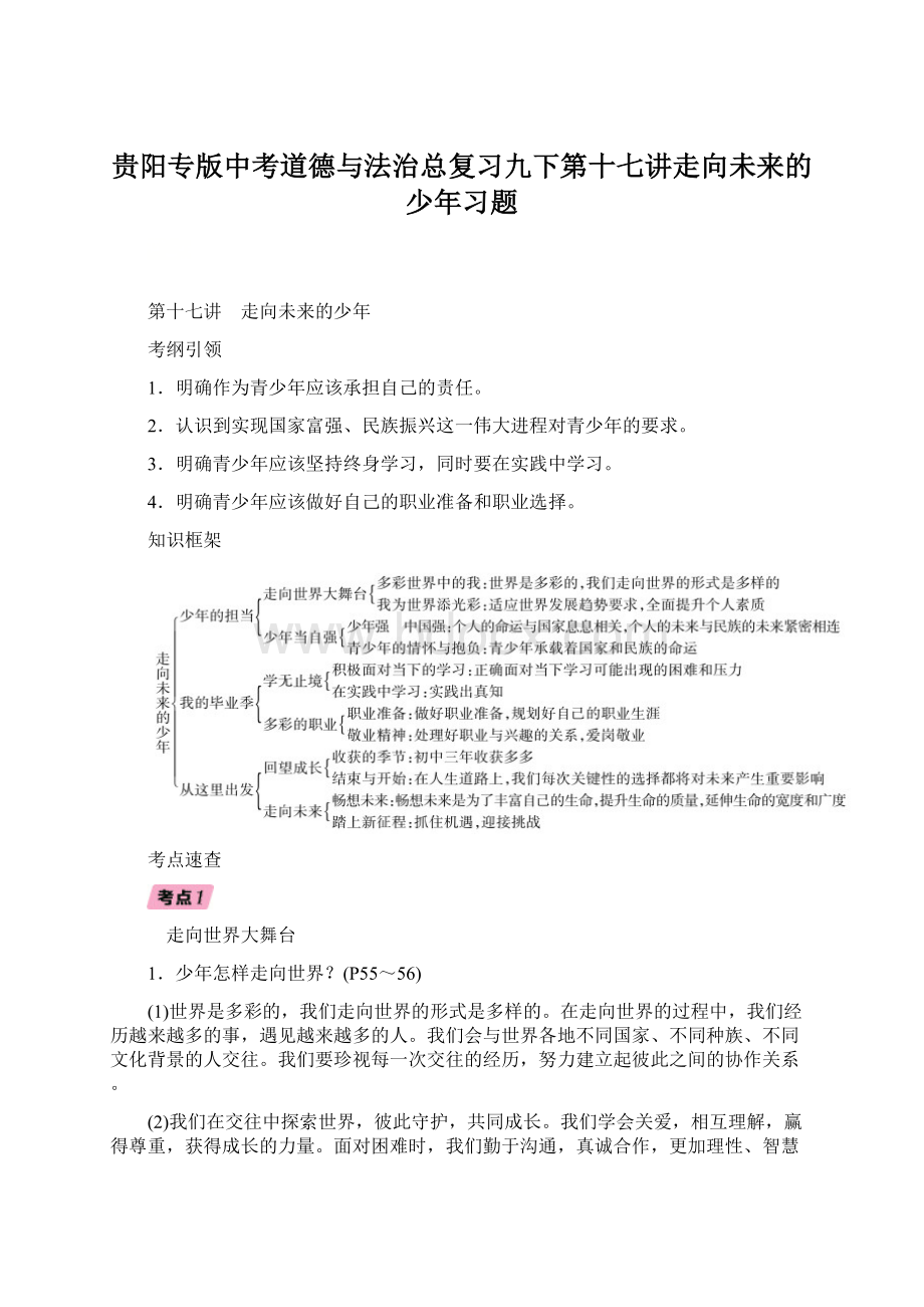 贵阳专版中考道德与法治总复习九下第十七讲走向未来的少年习题Word文档下载推荐.docx