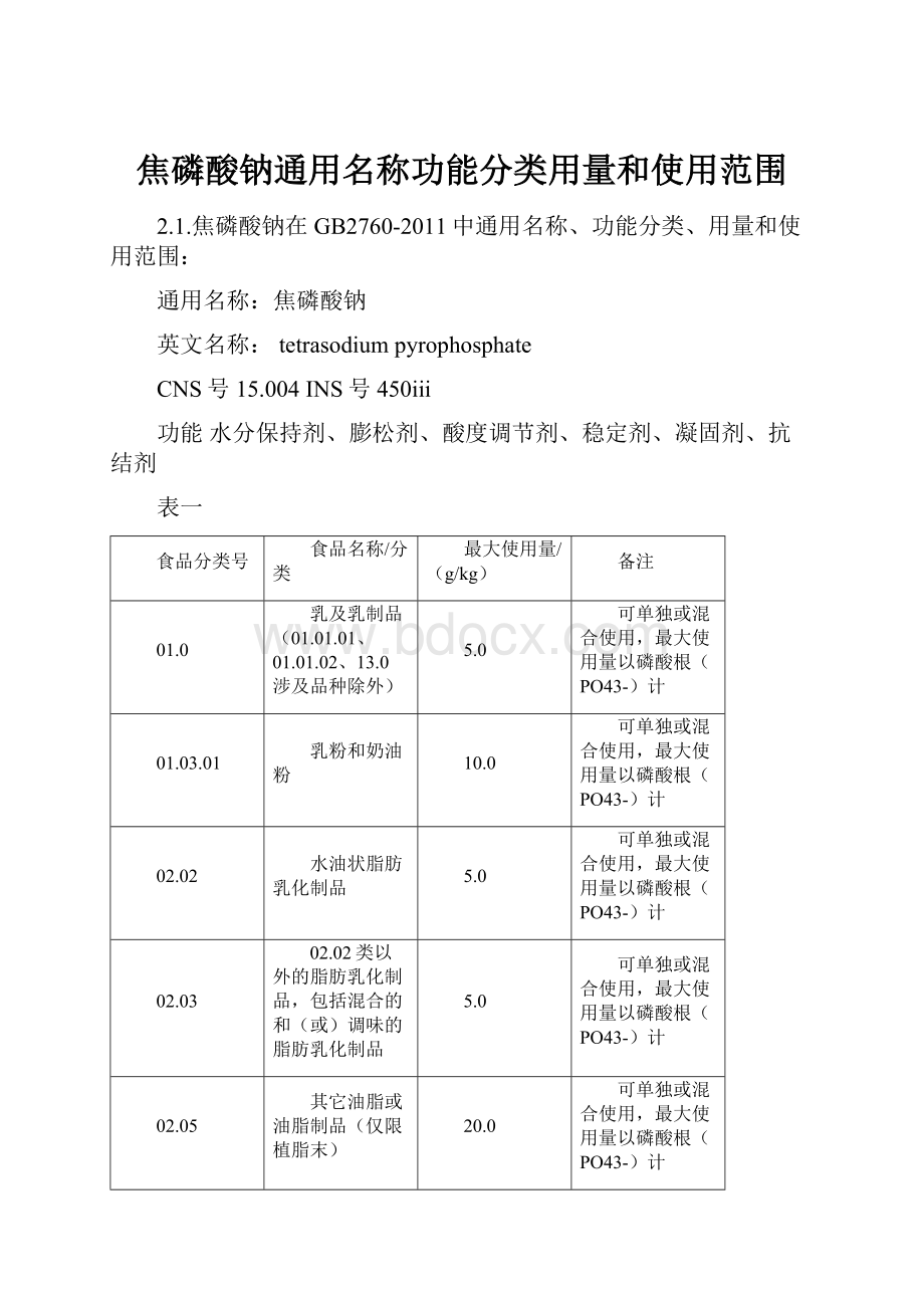 焦磷酸钠通用名称功能分类用量和使用范围.docx_第1页