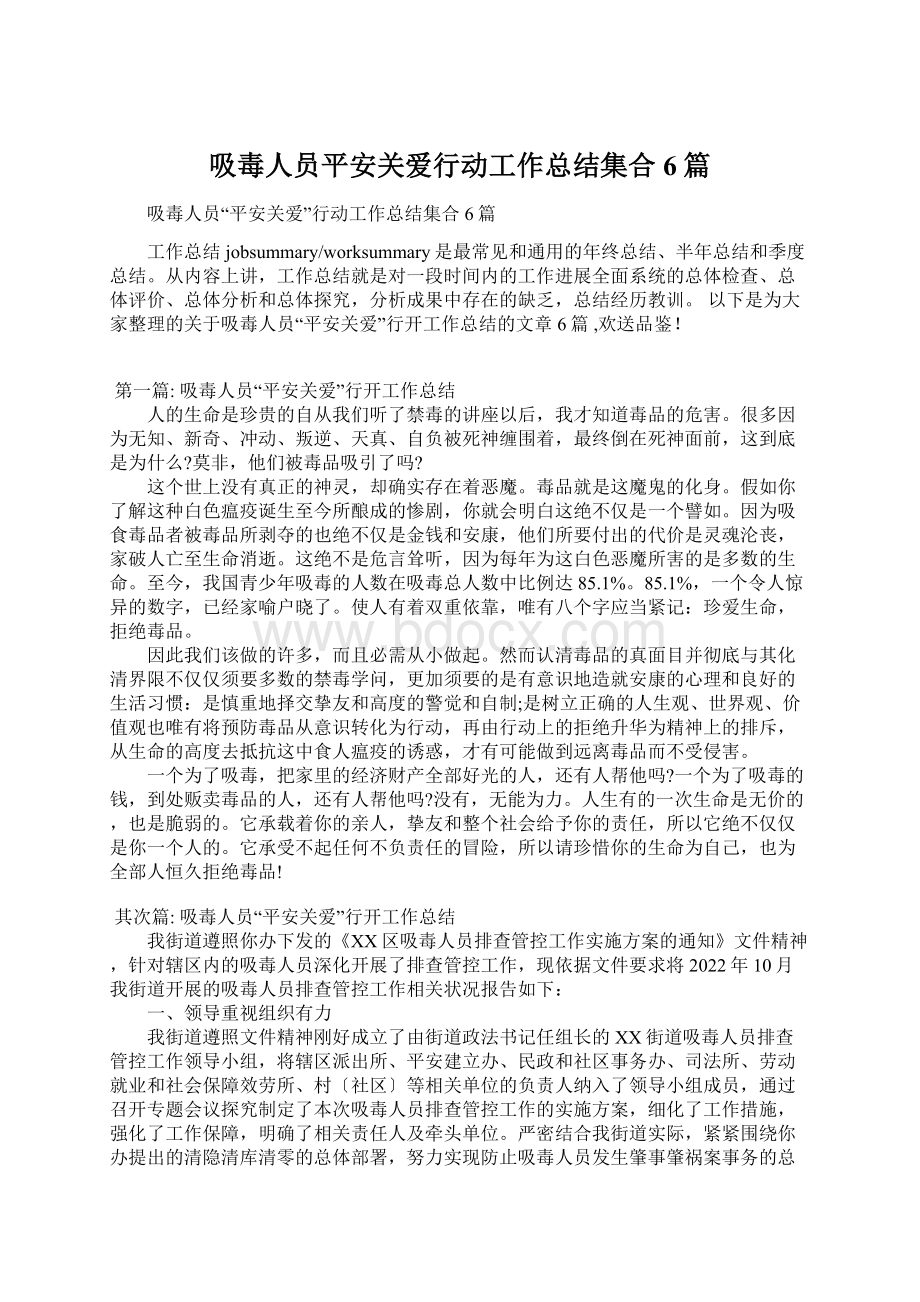 吸毒人员平安关爱行动工作总结集合6篇Word下载.docx