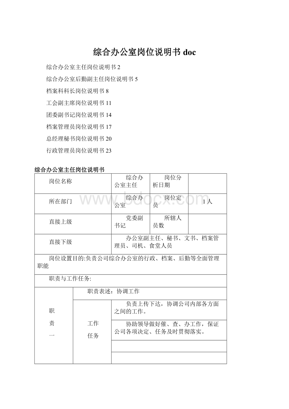 综合办公室岗位说明书docWord文档格式.docx_第1页