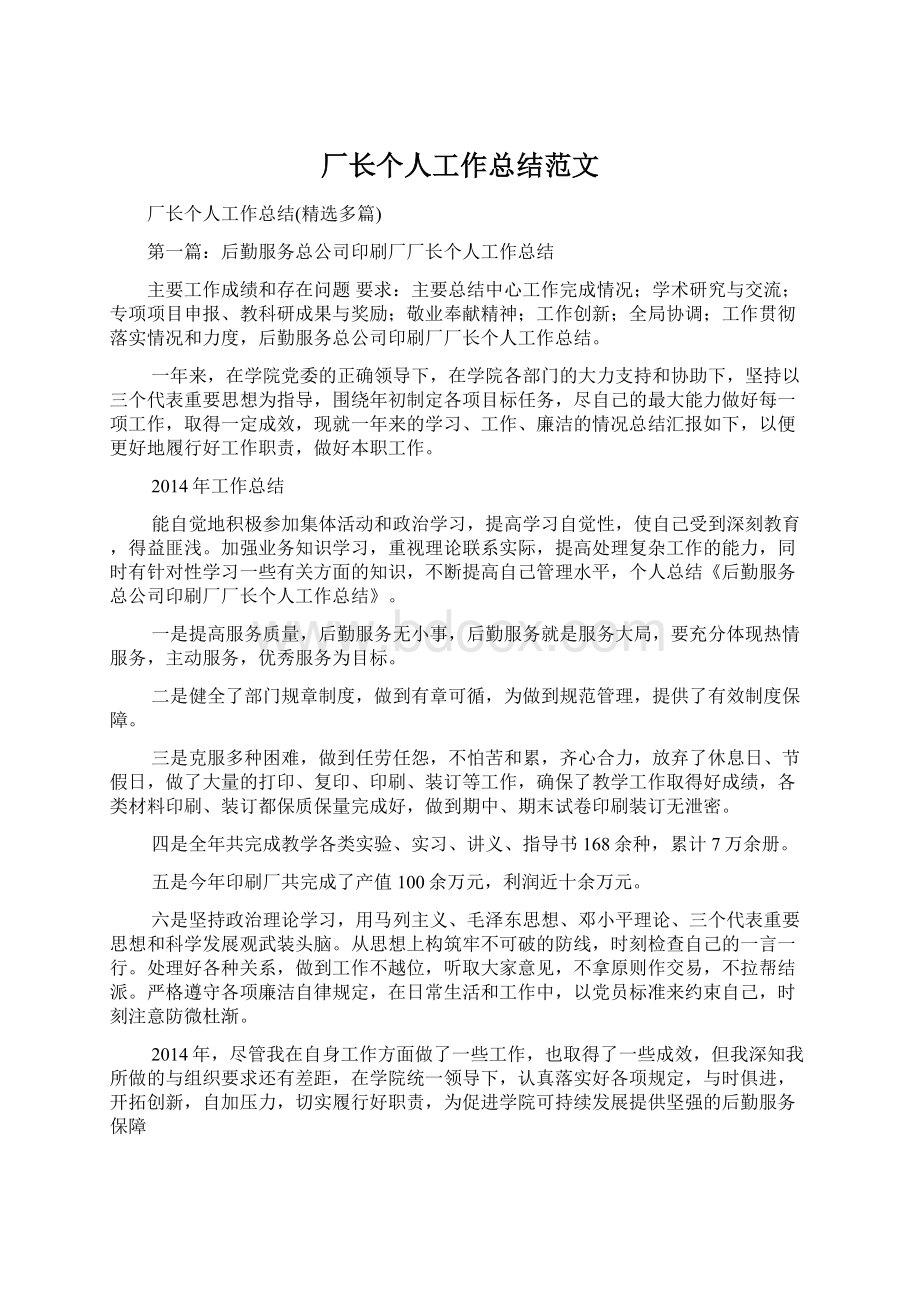 厂长个人工作总结范文Word文档格式.docx