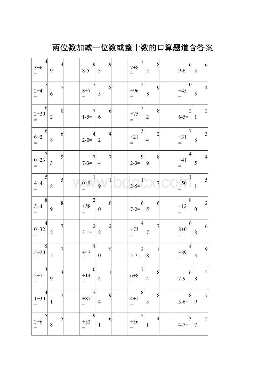 两位数加减一位数或整十数的口算题道含答案.docx_第1页