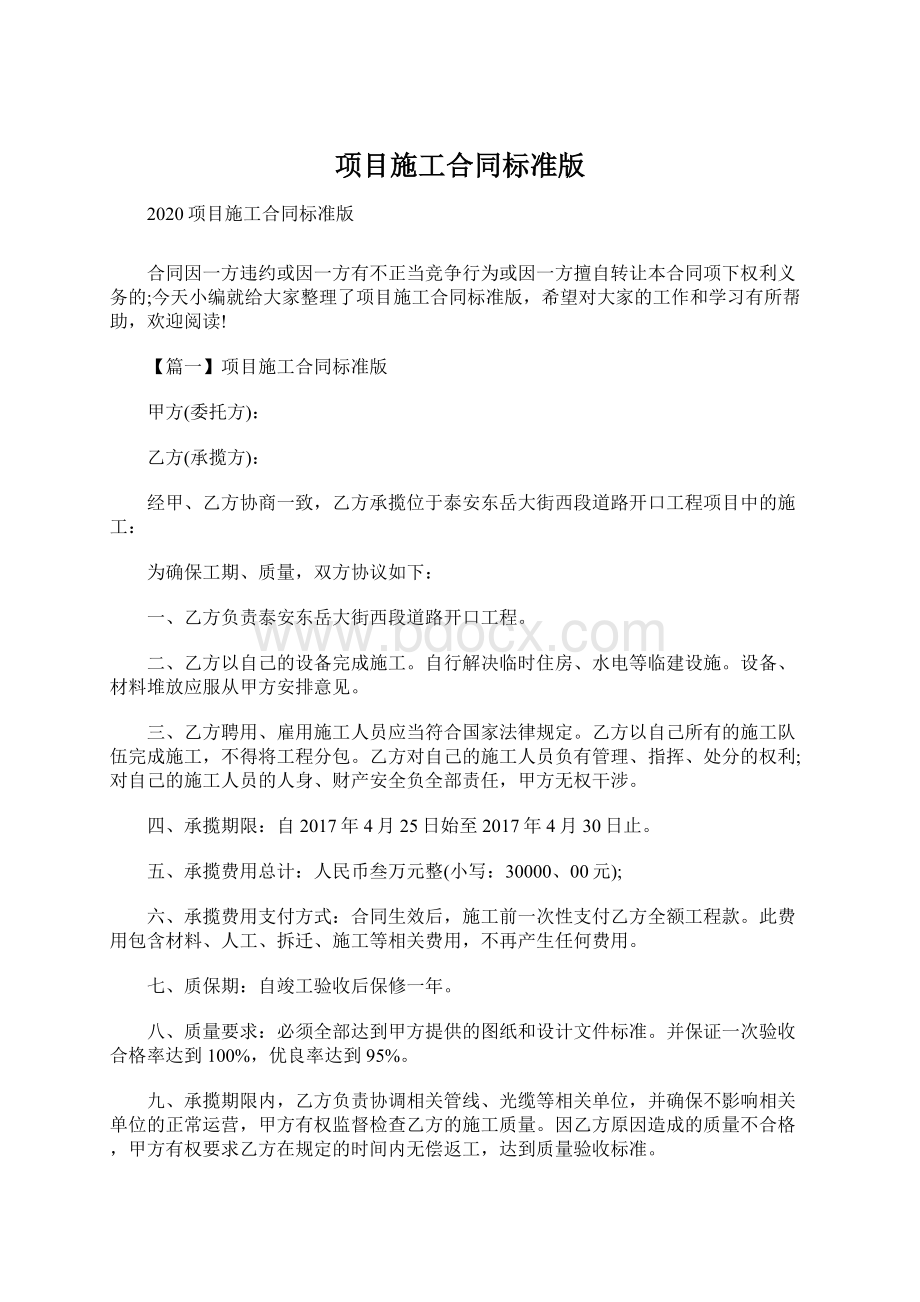 项目施工合同标准版Word下载.docx