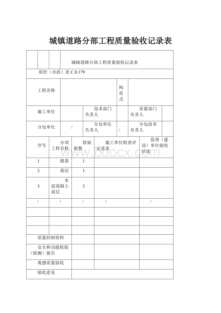 城镇道路分部工程质量验收记录表文档格式.docx