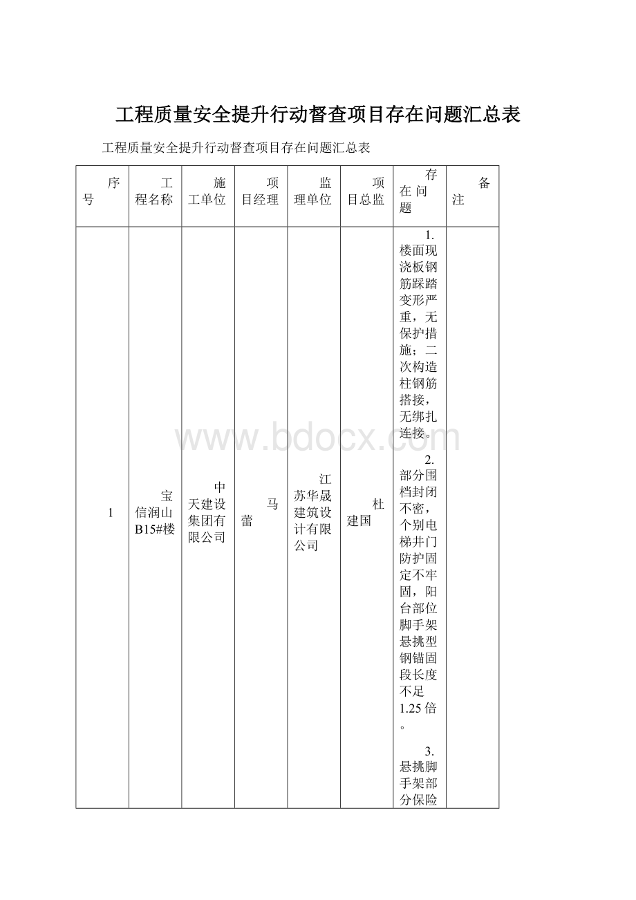 工程质量安全提升行动督查项目存在问题汇总表.docx_第1页