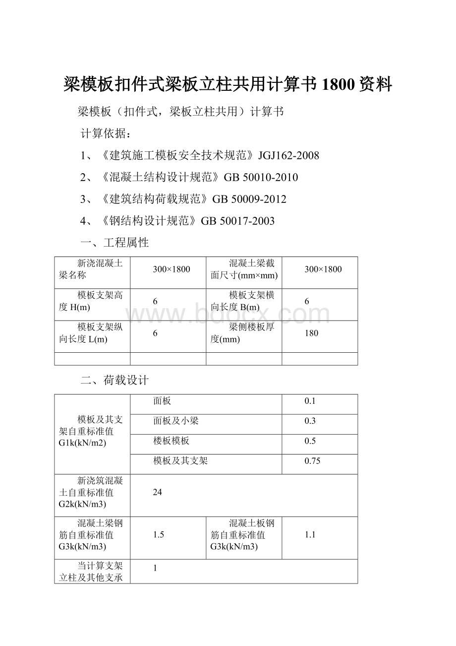 梁模板扣件式梁板立柱共用计算书1800资料文档格式.docx