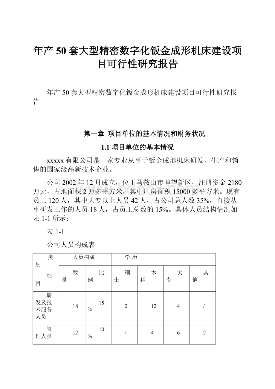 年产50套大型精密数字化钣金成形机床建设项目可行性研究报告文档格式.docx