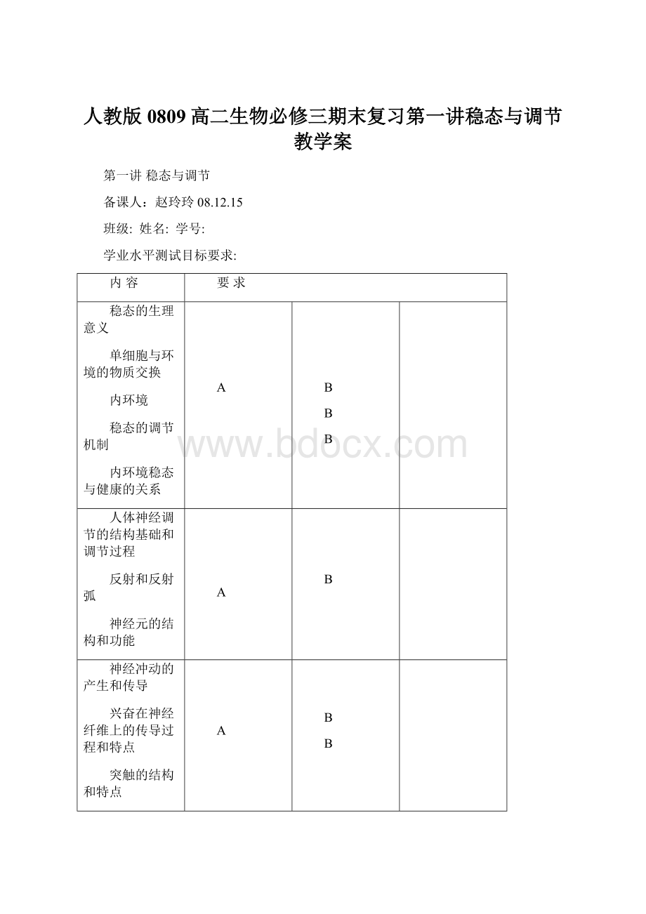 人教版0809高二生物必修三期末复习第一讲稳态与调节教学案Word格式.docx