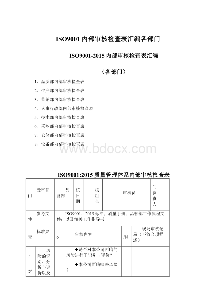 ISO9001内部审核检查表汇编各部门Word文档格式.docx