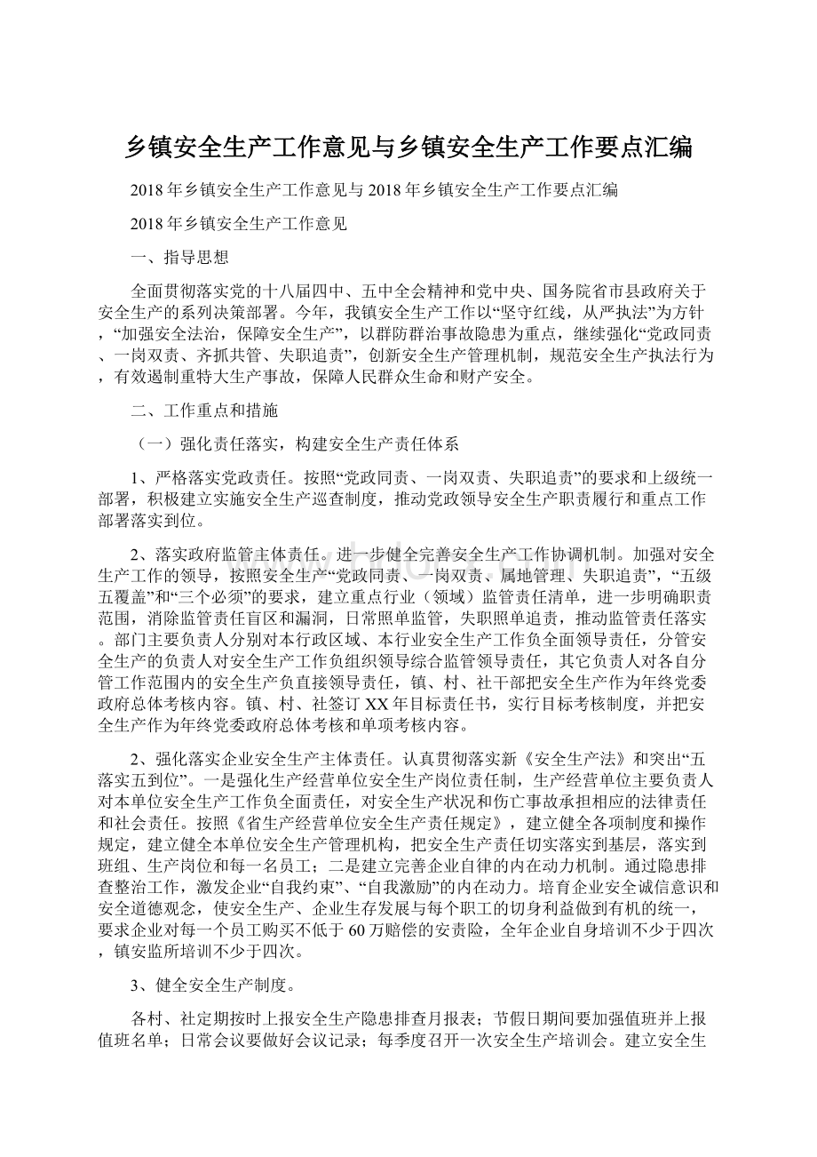 乡镇安全生产工作意见与乡镇安全生产工作要点汇编Word文档格式.docx