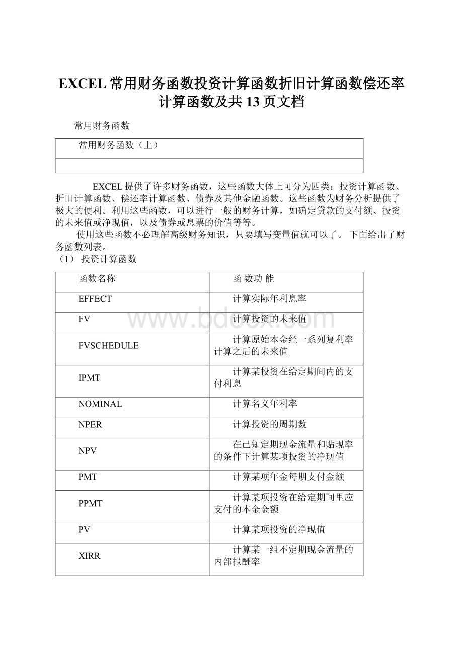 EXCEL常用财务函数投资计算函数折旧计算函数偿还率计算函数及共13页文档.docx_第1页