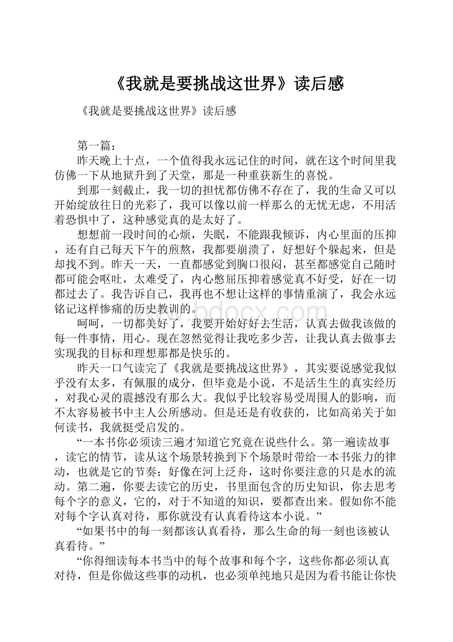 《我就是要挑战这世界》读后感Word格式文档下载.docx