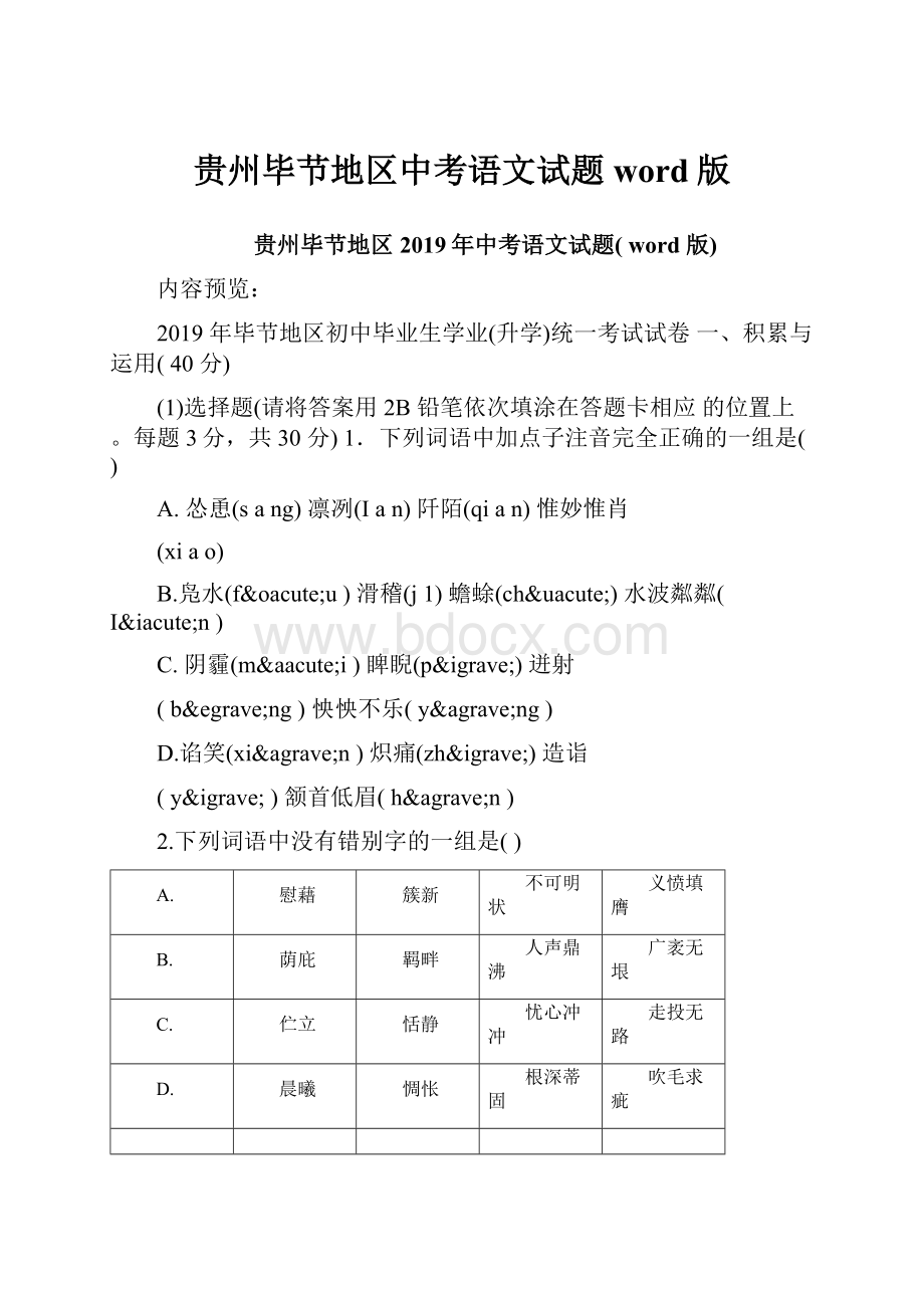 贵州毕节地区中考语文试题word版Word格式.docx