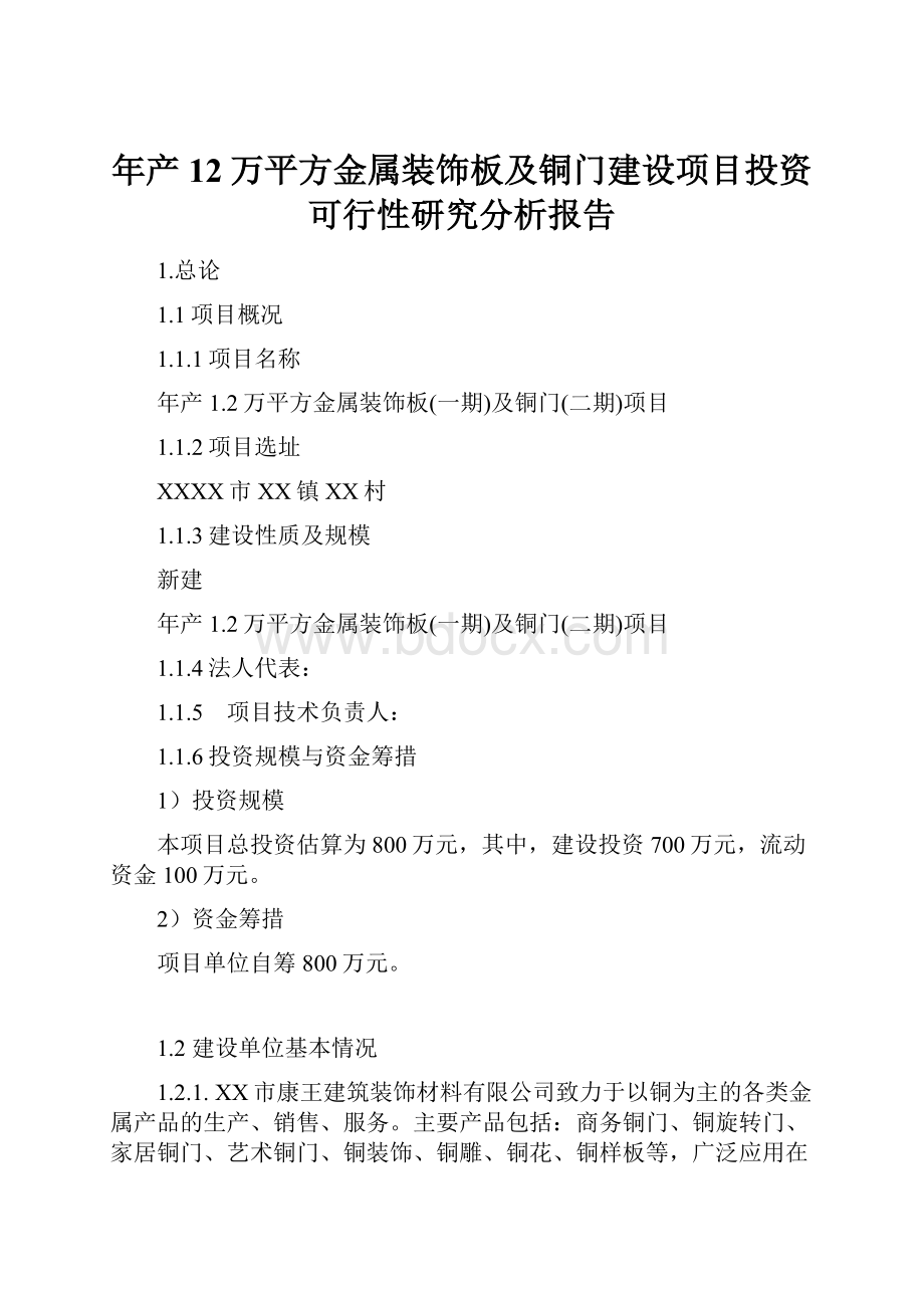 年产12万平方金属装饰板及铜门建设项目投资可行性研究分析报告.docx_第1页