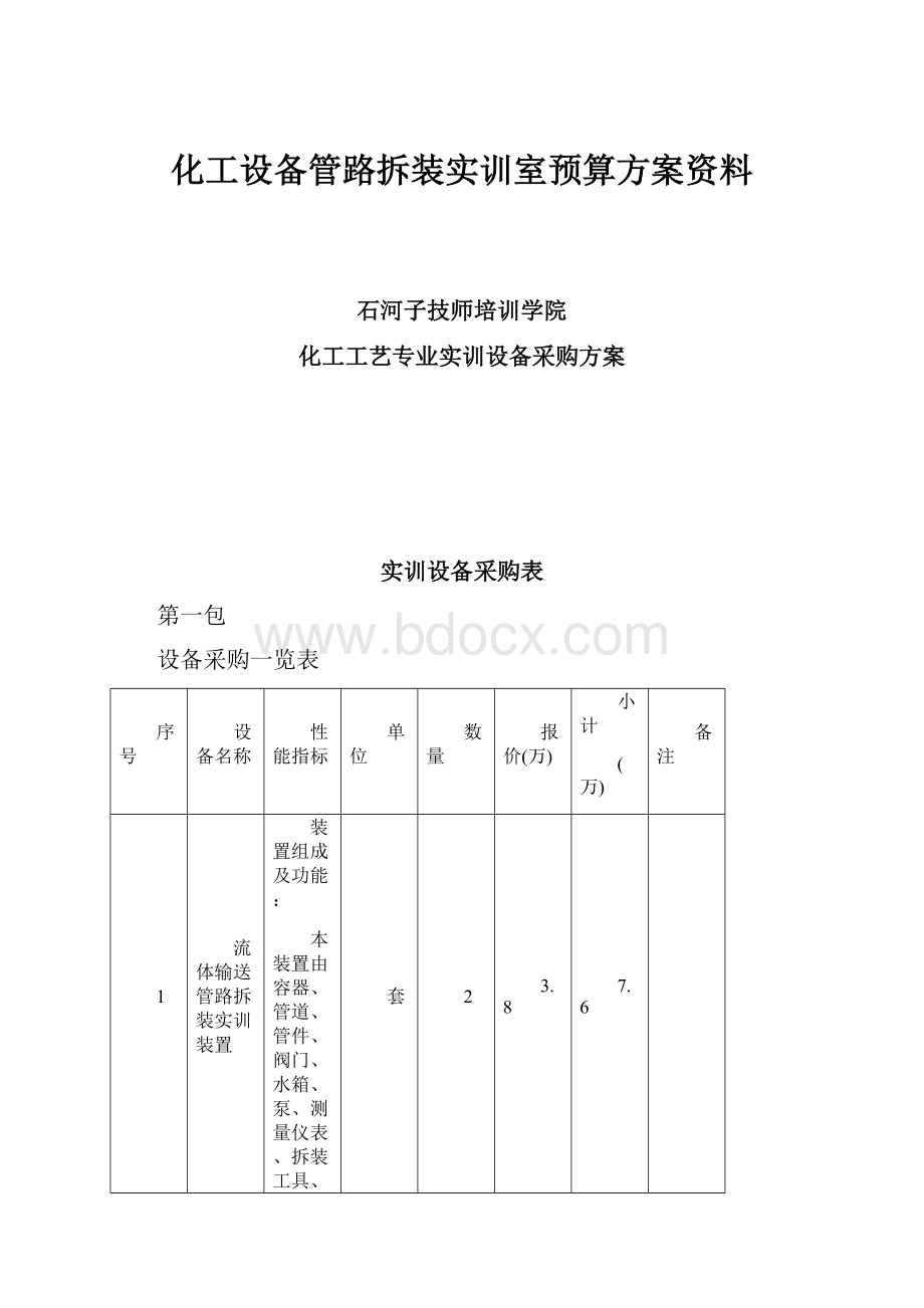 化工设备管路拆装实训室预算方案资料.docx