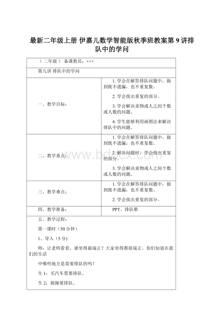 最新二年级上册 伊嘉儿数学智能版秋季班教案第9讲排队中的学问.docx