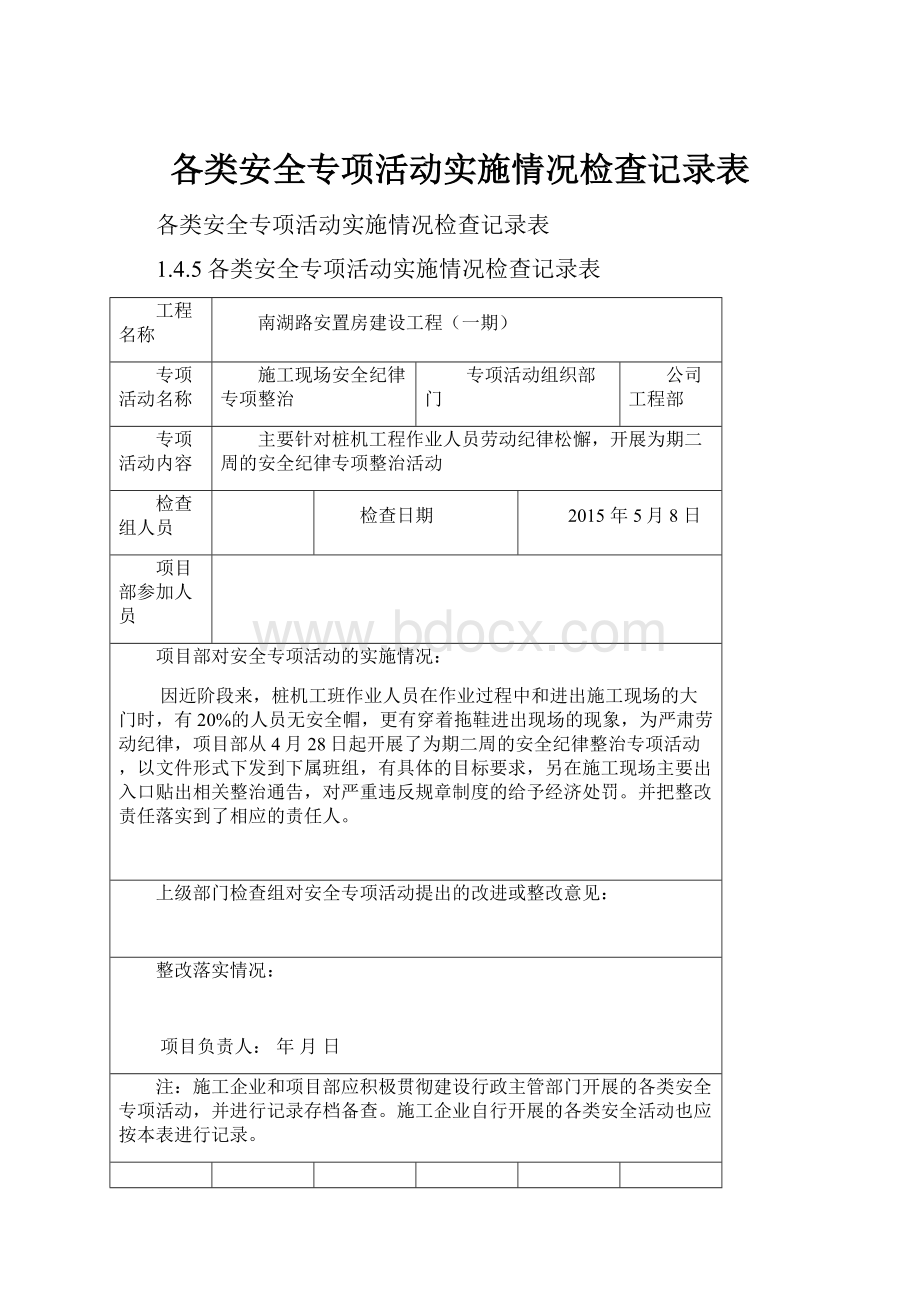 各类安全专项活动实施情况检查记录表Word格式.docx_第1页