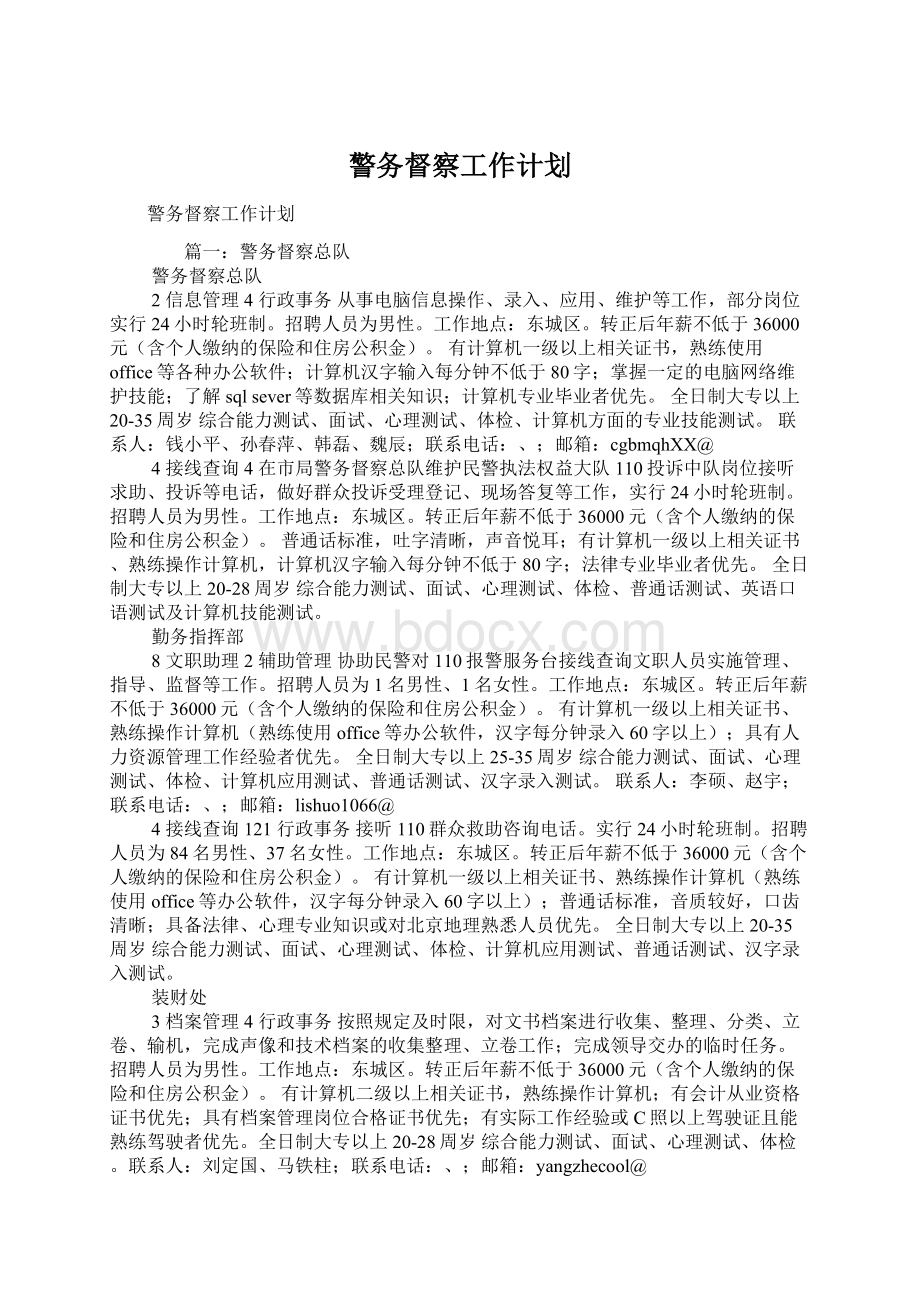 警务督察工作计划Word文件下载.docx