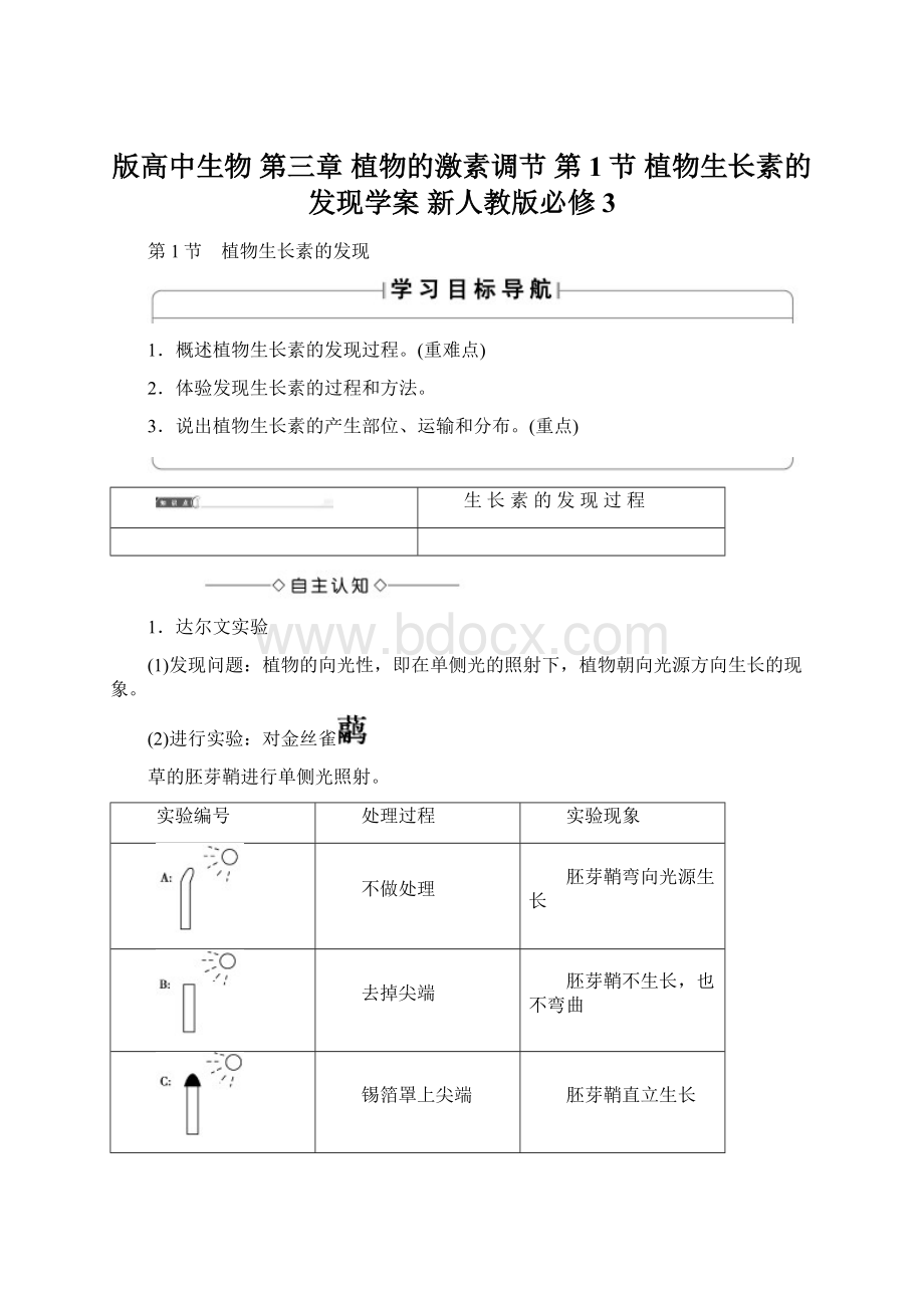 版高中生物 第三章 植物的激素调节 第1节 植物生长素的发现学案 新人教版必修3.docx