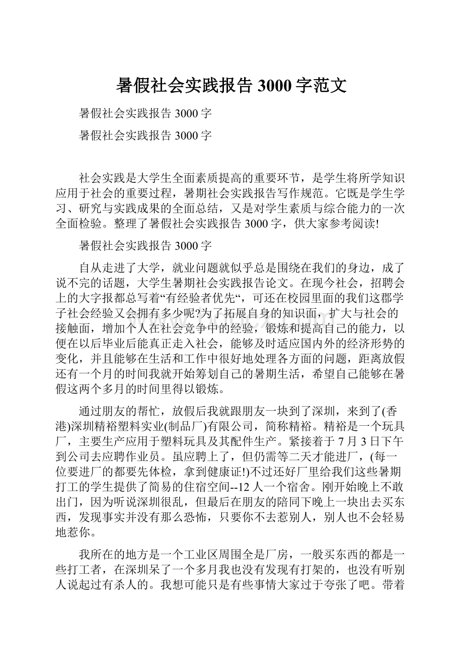 暑假社会实践报告3000字范文Word文档格式.docx