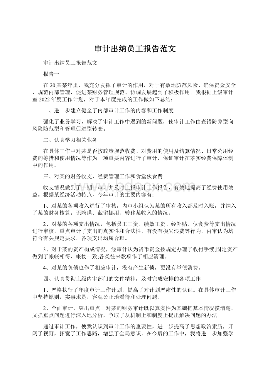 审计出纳员工报告范文.docx_第1页