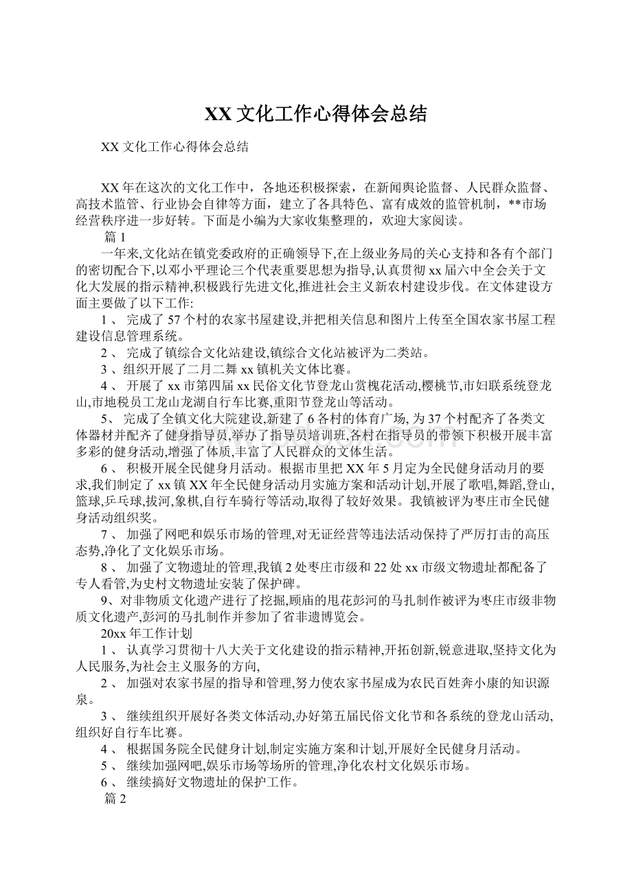 XX文化工作心得体会总结文档格式.docx