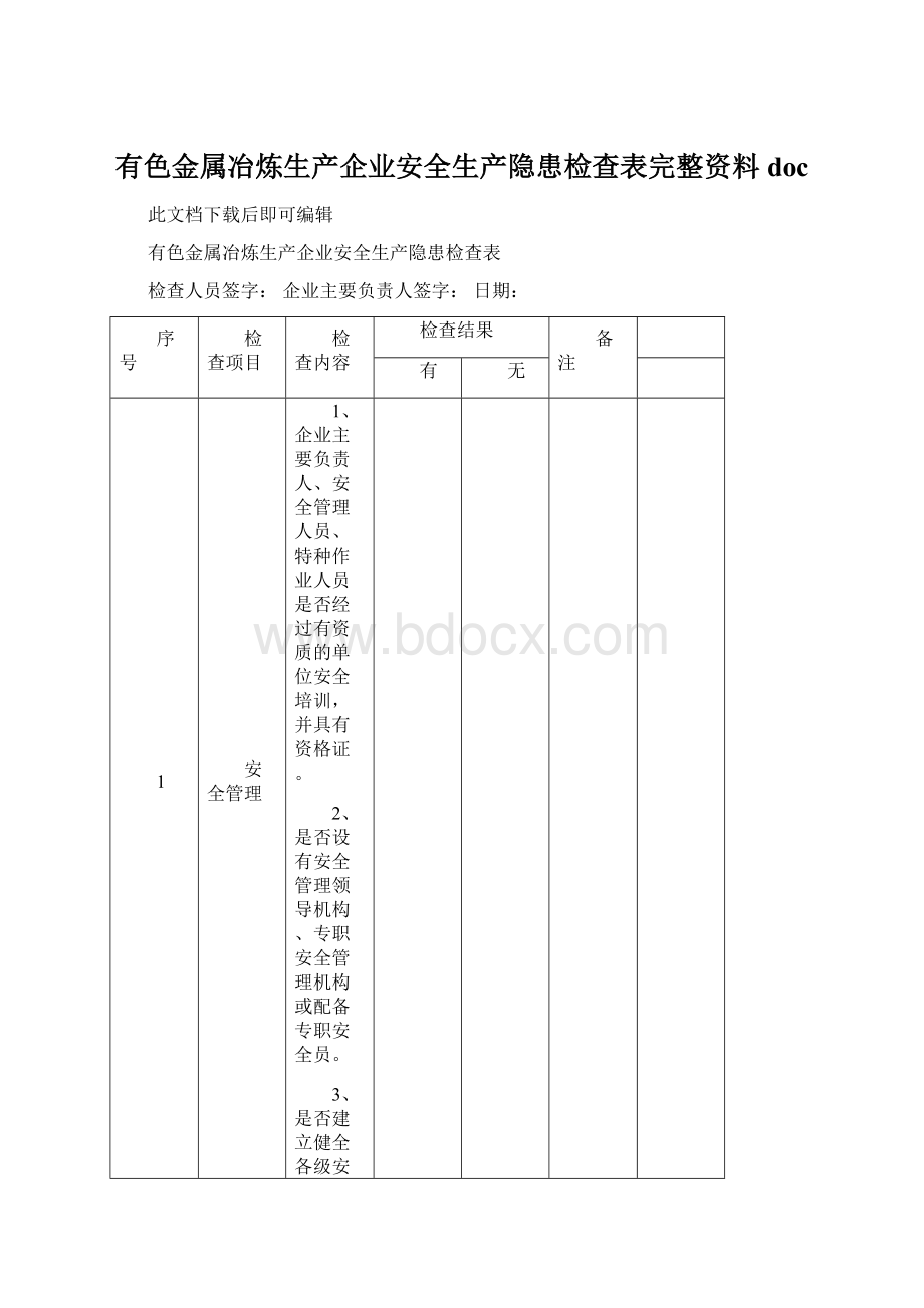 有色金属冶炼生产企业安全生产隐患检查表完整资料doc.docx_第1页