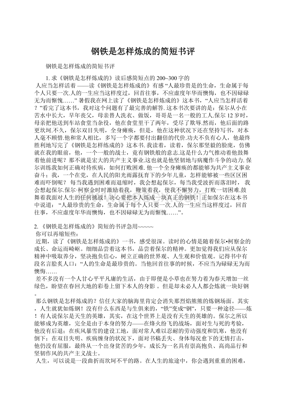 钢铁是怎样炼成的简短书评Word文档格式.docx