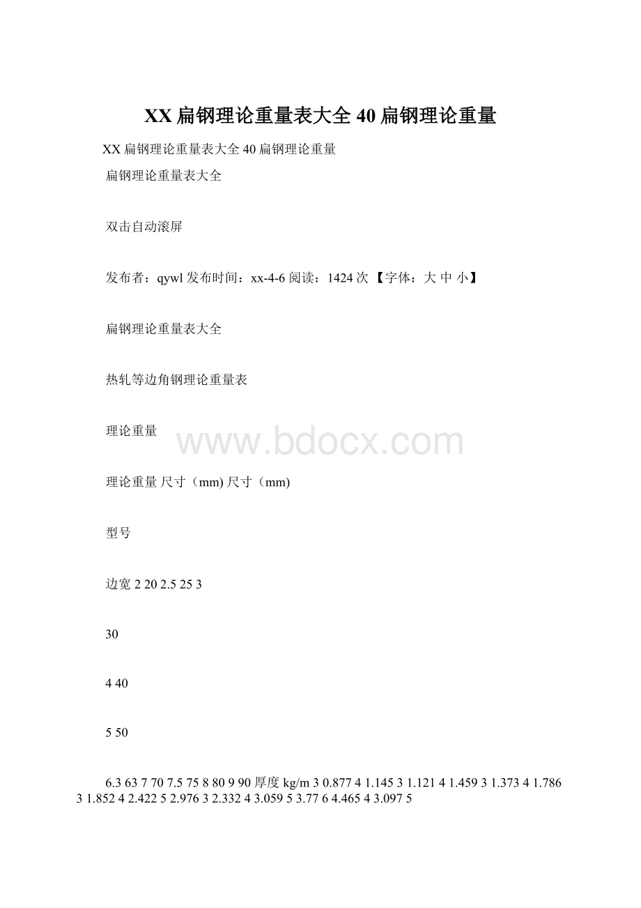 XX扁钢理论重量表大全40扁钢理论重量.docx_第1页