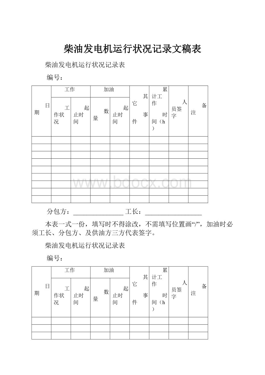 柴油发电机运行状况记录文稿表Word格式文档下载.docx