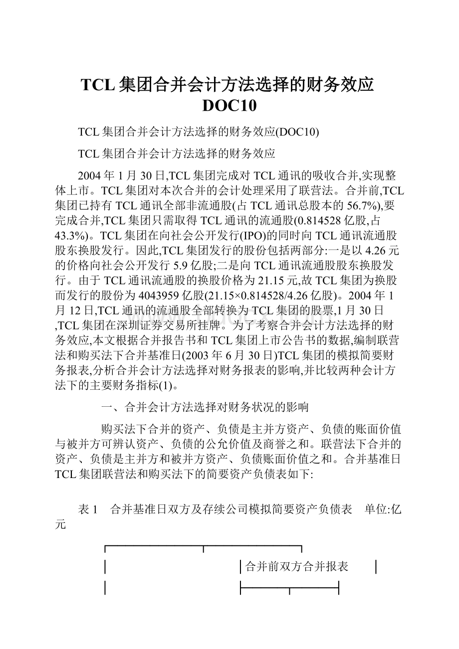 TCL集团合并会计方法选择的财务效应DOC10Word格式文档下载.docx_第1页