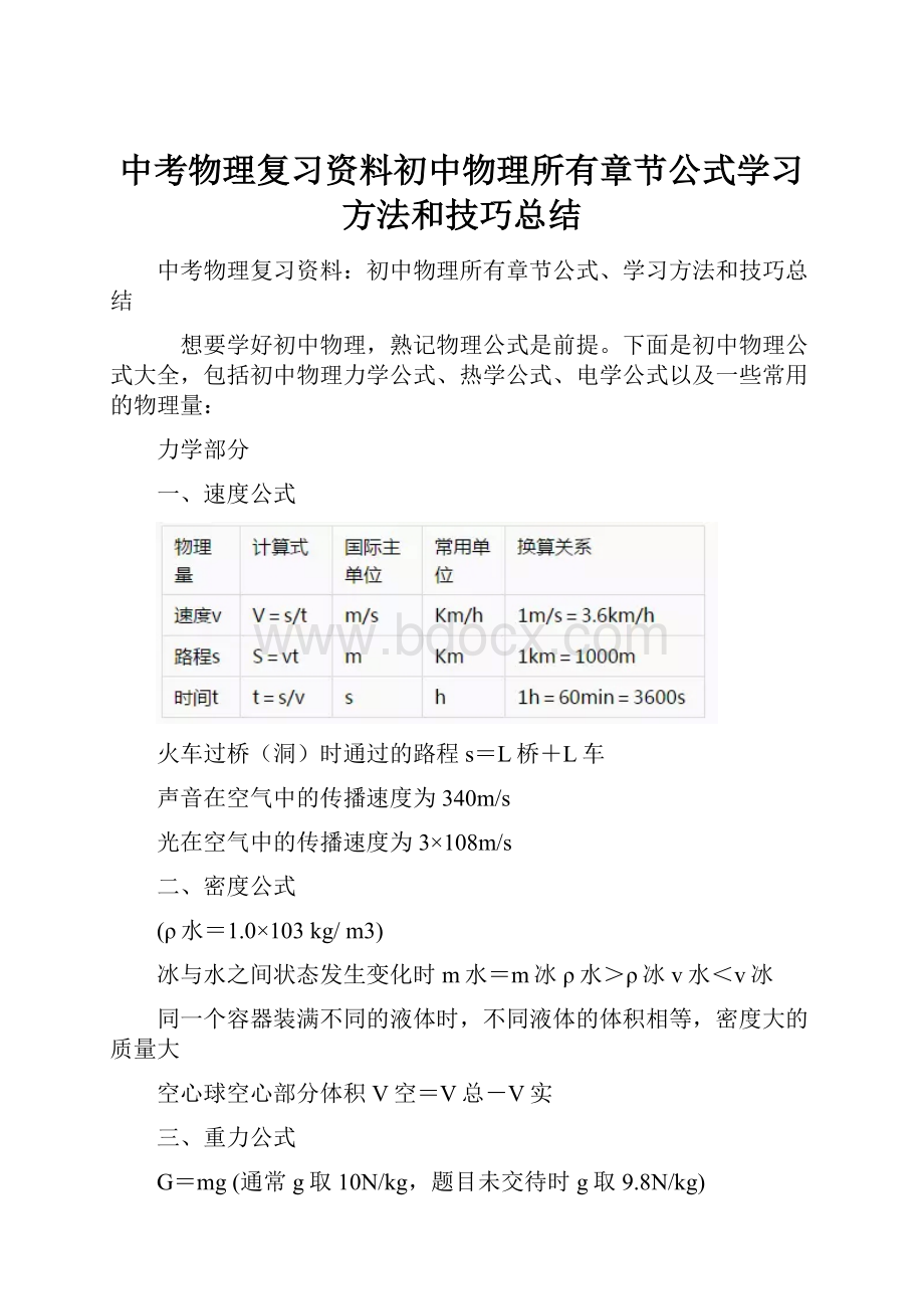 中考物理复习资料初中物理所有章节公式学习方法和技巧总结Word格式文档下载.docx_第1页