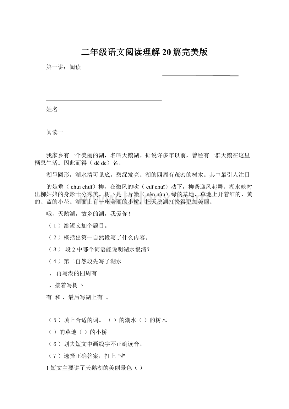 二年级语文阅读理解20篇完美版文档格式.docx