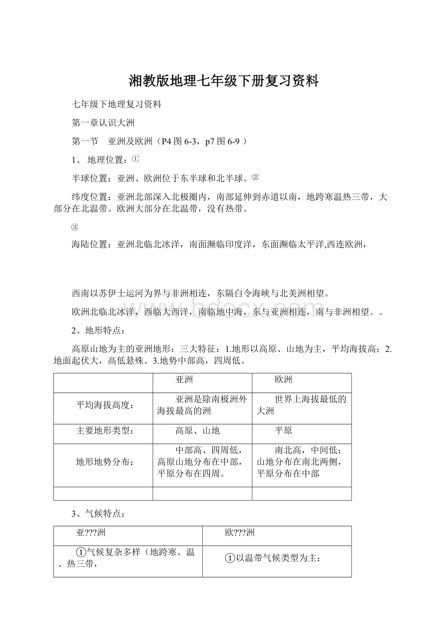 湘教版地理七年级下册复习资料Word下载.docx