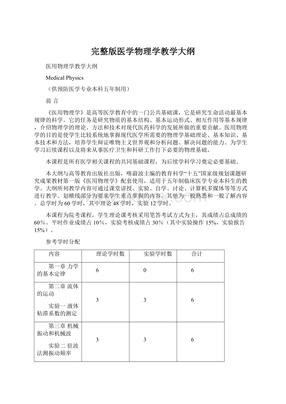 完整版医学物理学教学大纲Word下载.docx_第1页