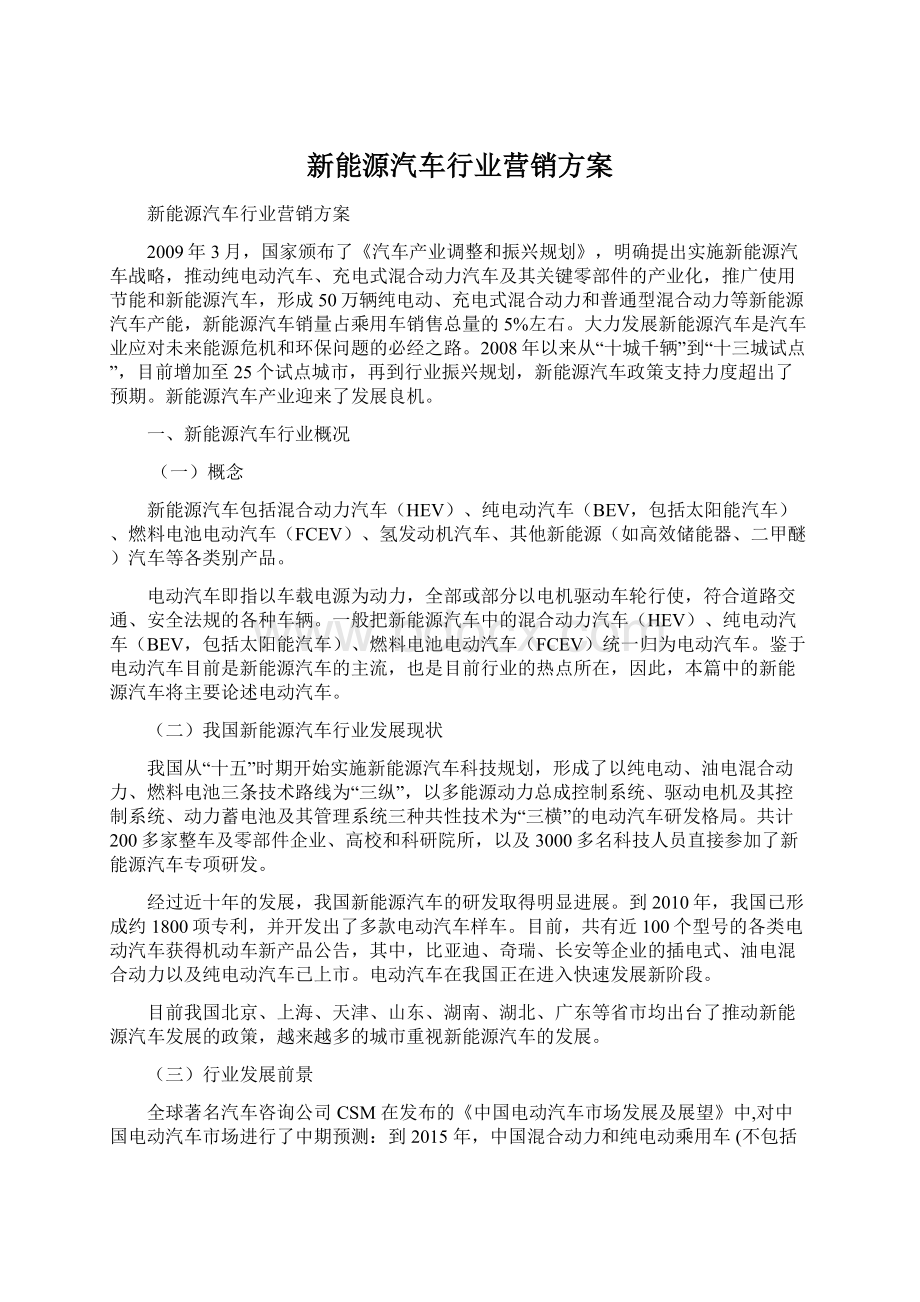 新能源汽车行业营销方案文档格式.docx