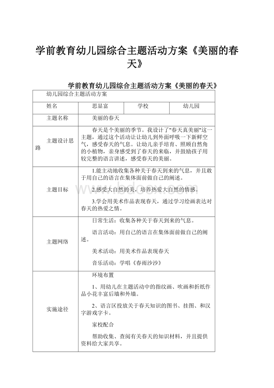 学前教育幼儿园综合主题活动方案《美丽的春天》Word下载.docx