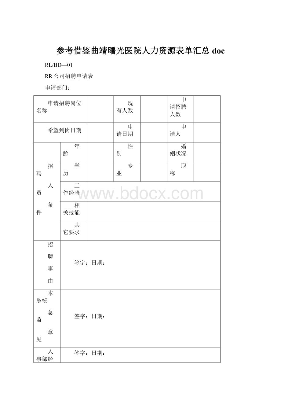 参考借鉴曲靖曙光医院人力资源表单汇总docWord格式.docx_第1页